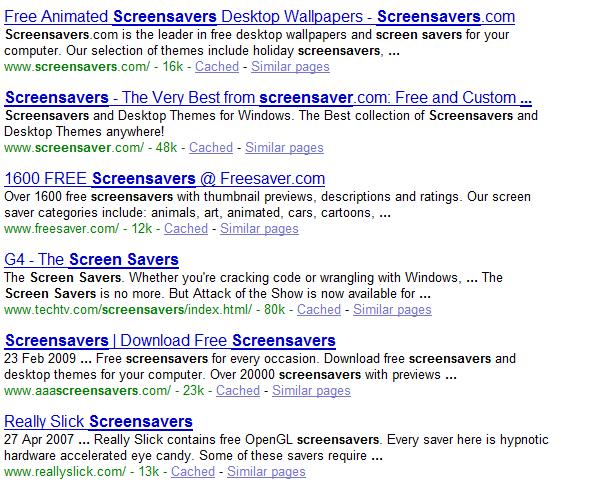 Google results for a search for screensavers
