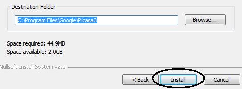 Set the destination folder where Picasa will be installed