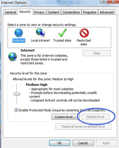 Click "Default Level" to Restore Default Security Settings